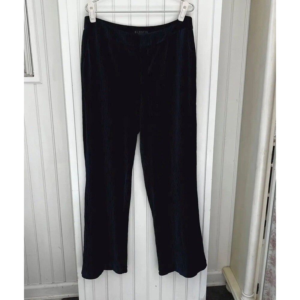 ELOQUII Sz 14 Velvet Wide Leg Pants Plus Navy Blue Stretch Holiday